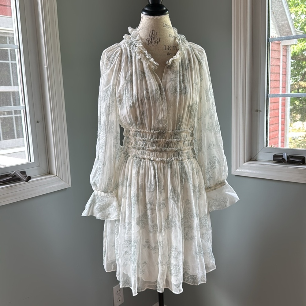 Rebecca Taylor smocked waist silk toile midi dress long sleeved EUC size 8 - Picture 3 of 16